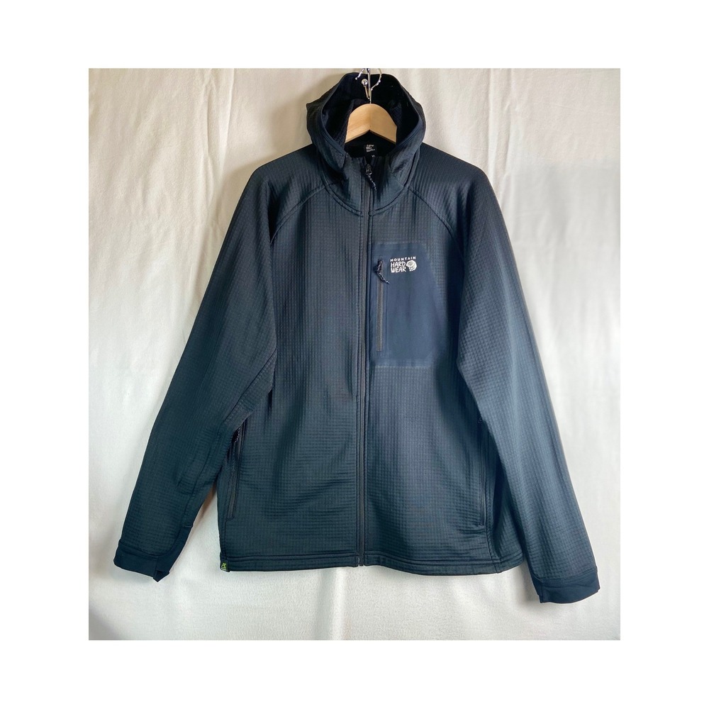 Mountain Hardwear Mens Grid Fleece Full Zip Hooded Jacket Black XL Outdoor